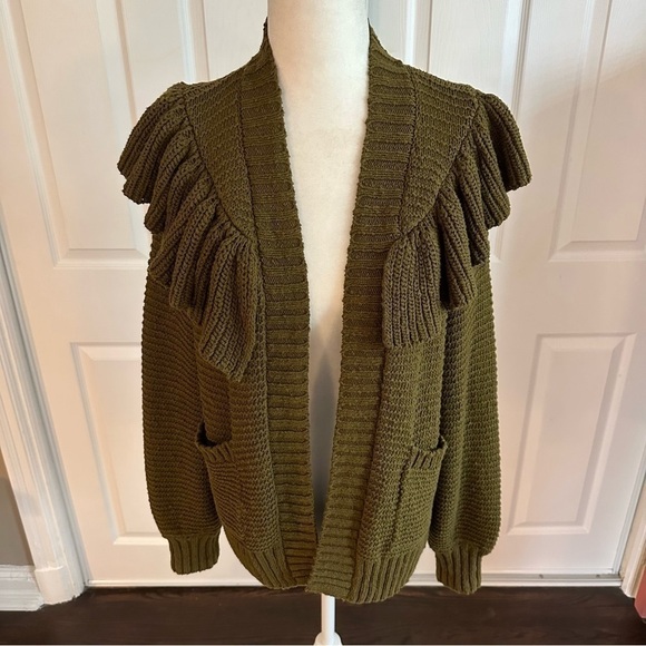 Madewell Olive Green Ruffle Chunky Knit Cardigan Sweater - Picture 2 of 6